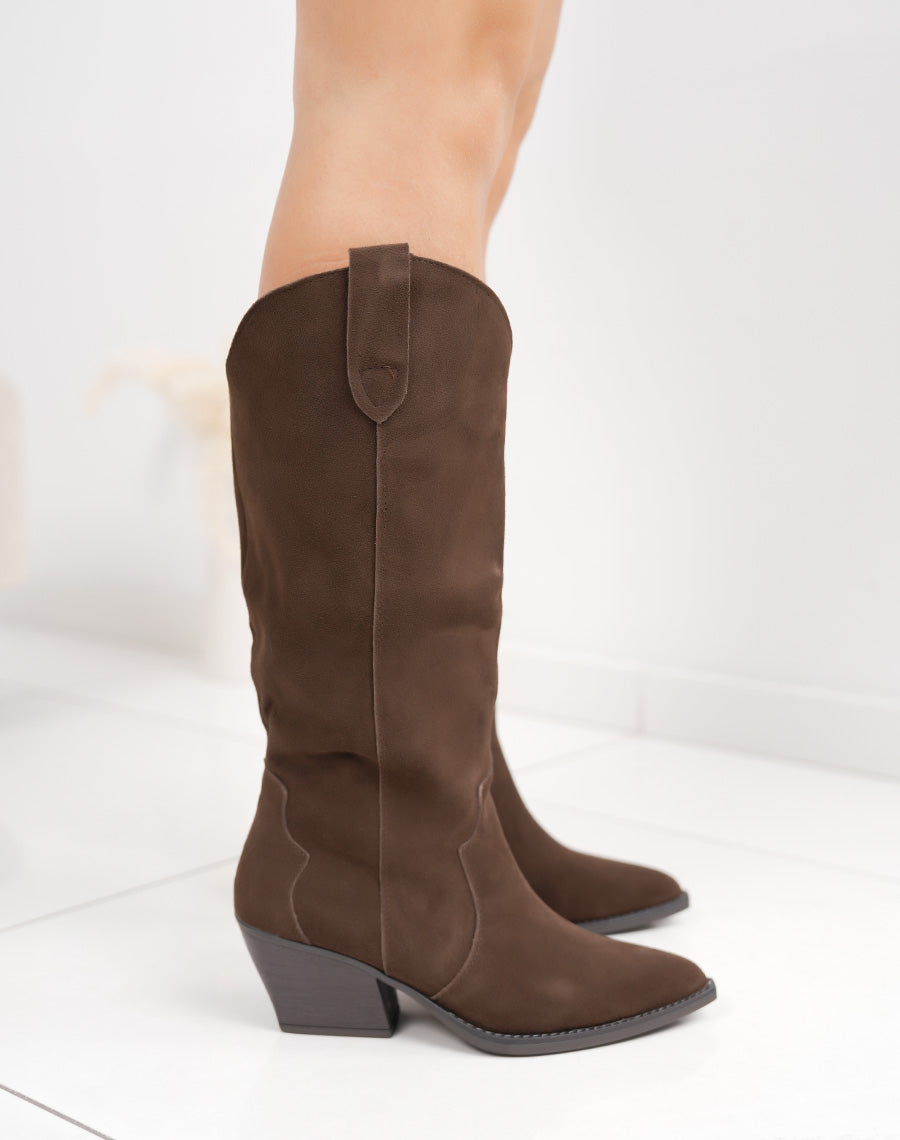 Santiag femme marron en cuir avec talon biseauté et intérieur fourré