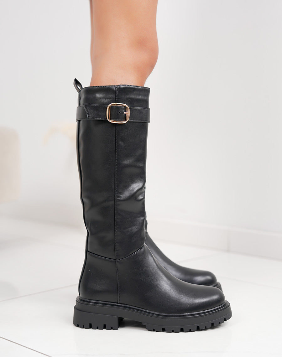 Bottes femme noires style cavalière élégantes avec boucle dorée et semelle crantée