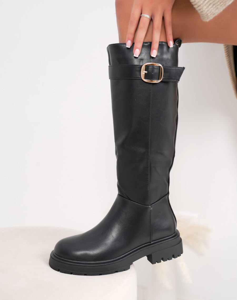 Bottes femme noires style cavalière élégantes avec boucle dorée et semelle crantée