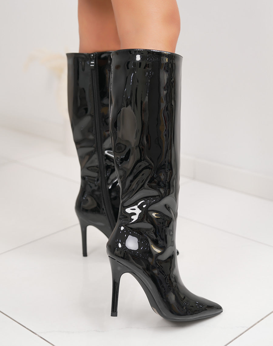 Bottes femme noires en vinyle, élégantes à talon aiguille et bout pointu