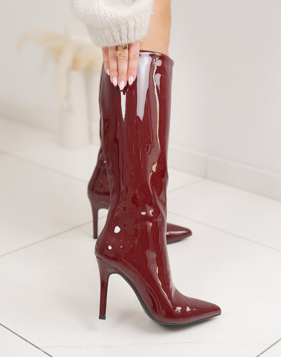 Bottes femme bordeaux en vinyle, élégantes à talon aiguille et bout pointu