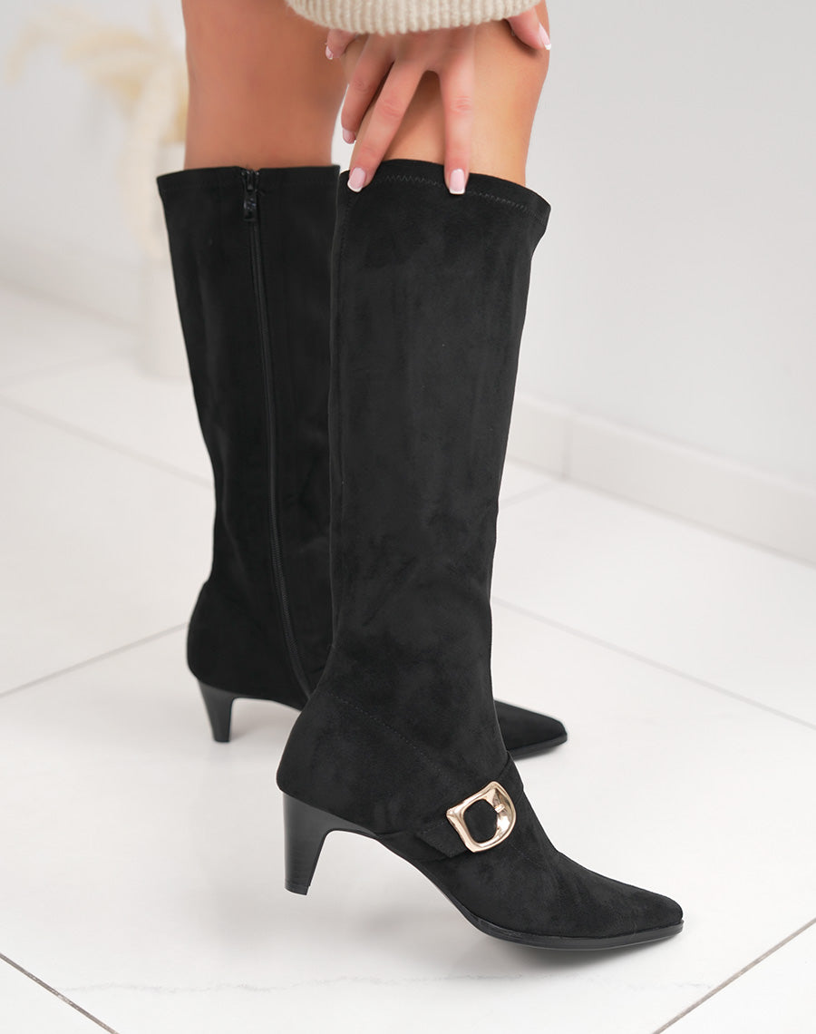Bottes femme noires en suédine, élégantes à petit talon évasé et boucle dorée