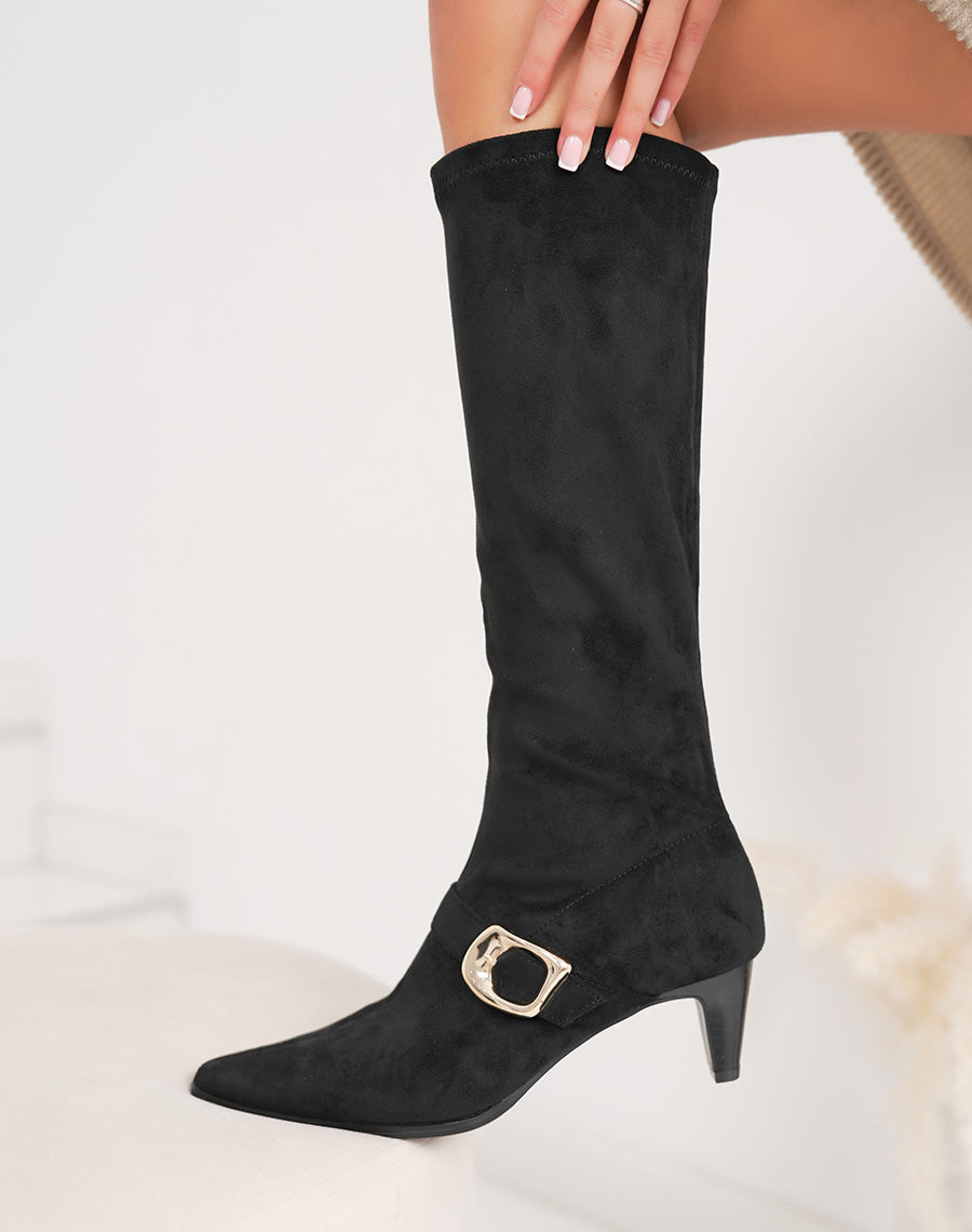 Bottes femme noires en suédine, élégantes à petit talon évasé et boucle dorée