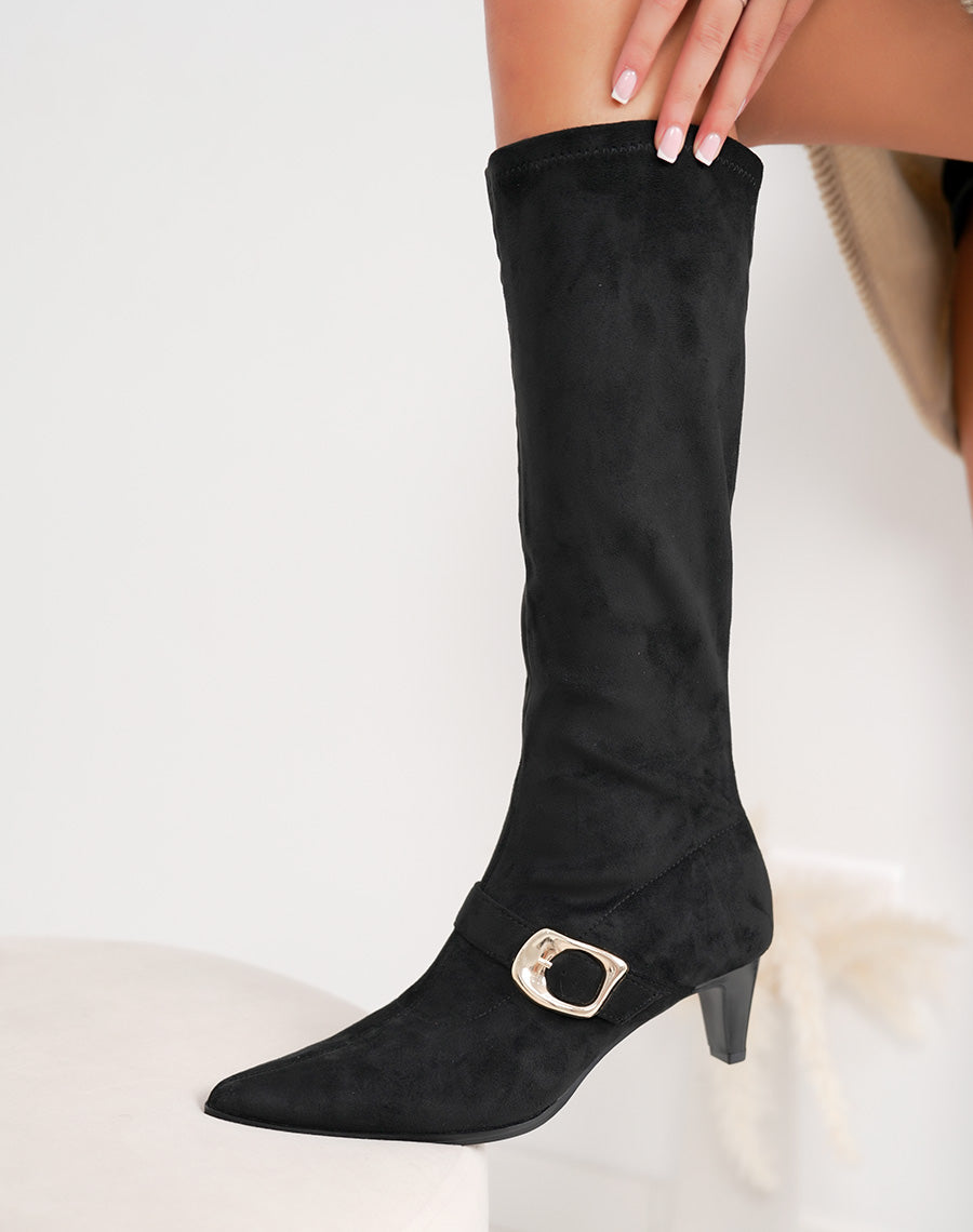 Bottes femme noires en suédine, élégantes à petit talon évasé et boucle dorée