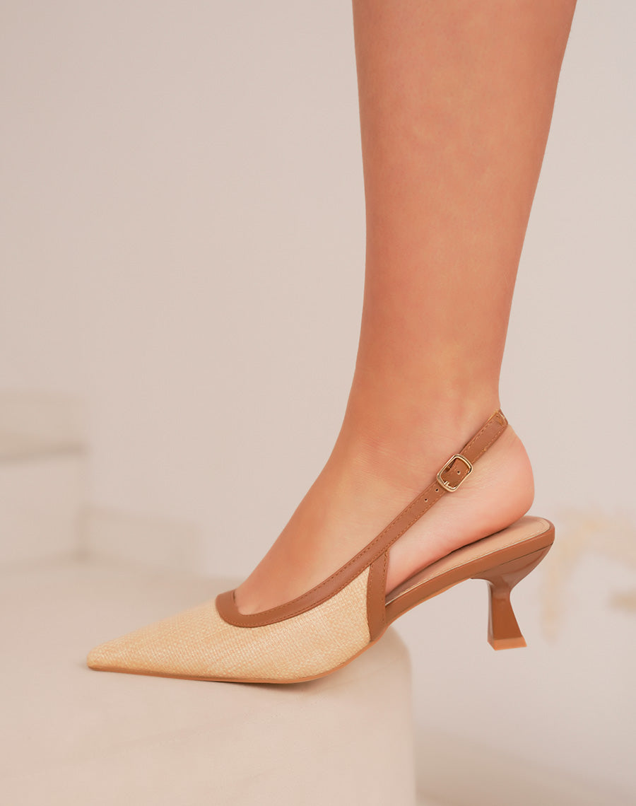 Escarpins femme en jute beige et camel à bout pointu et petit talon élégant
