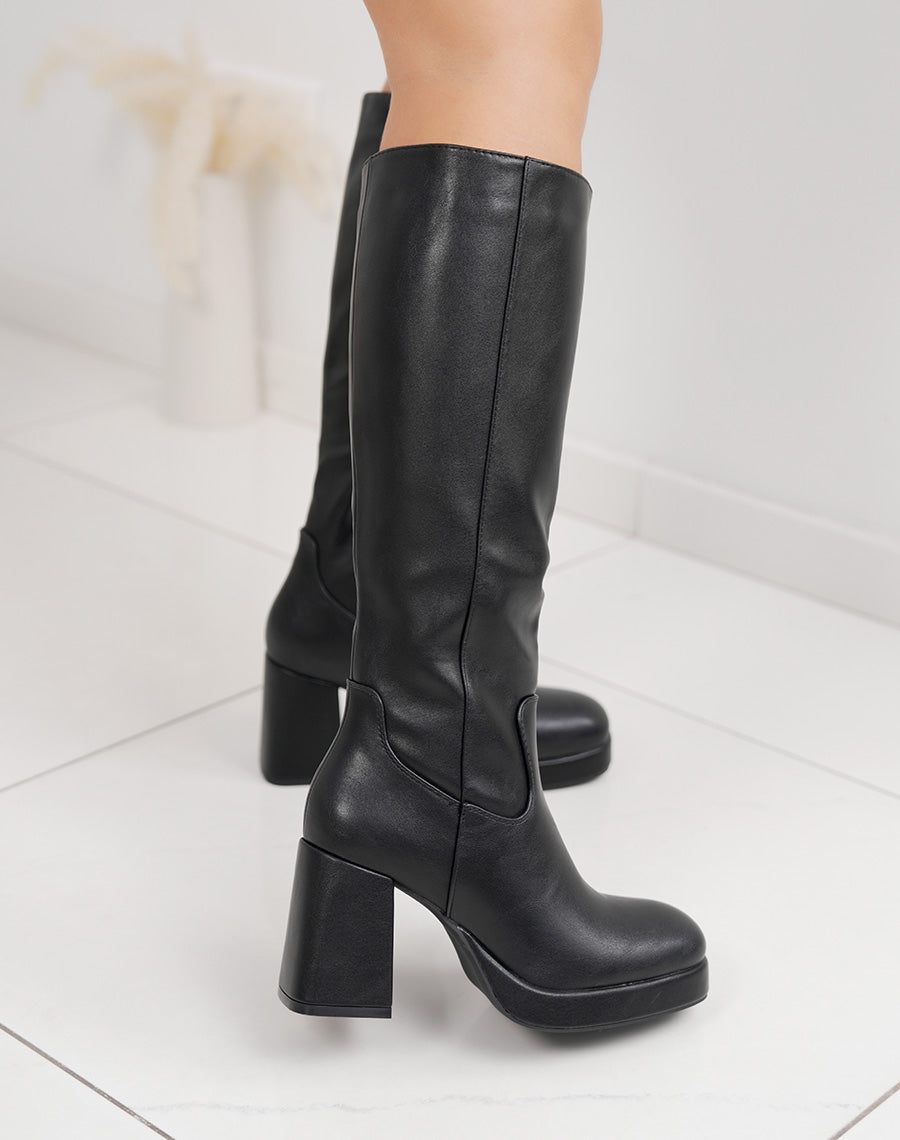 Bottes femme noires à talon haut épais, bout rond et plateforme confortable