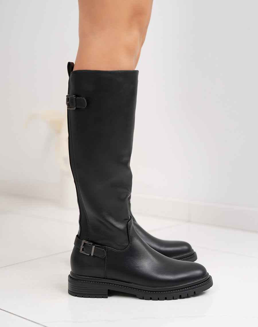 Bottes femme noires à élastique, semelle crantée et sangle décorative