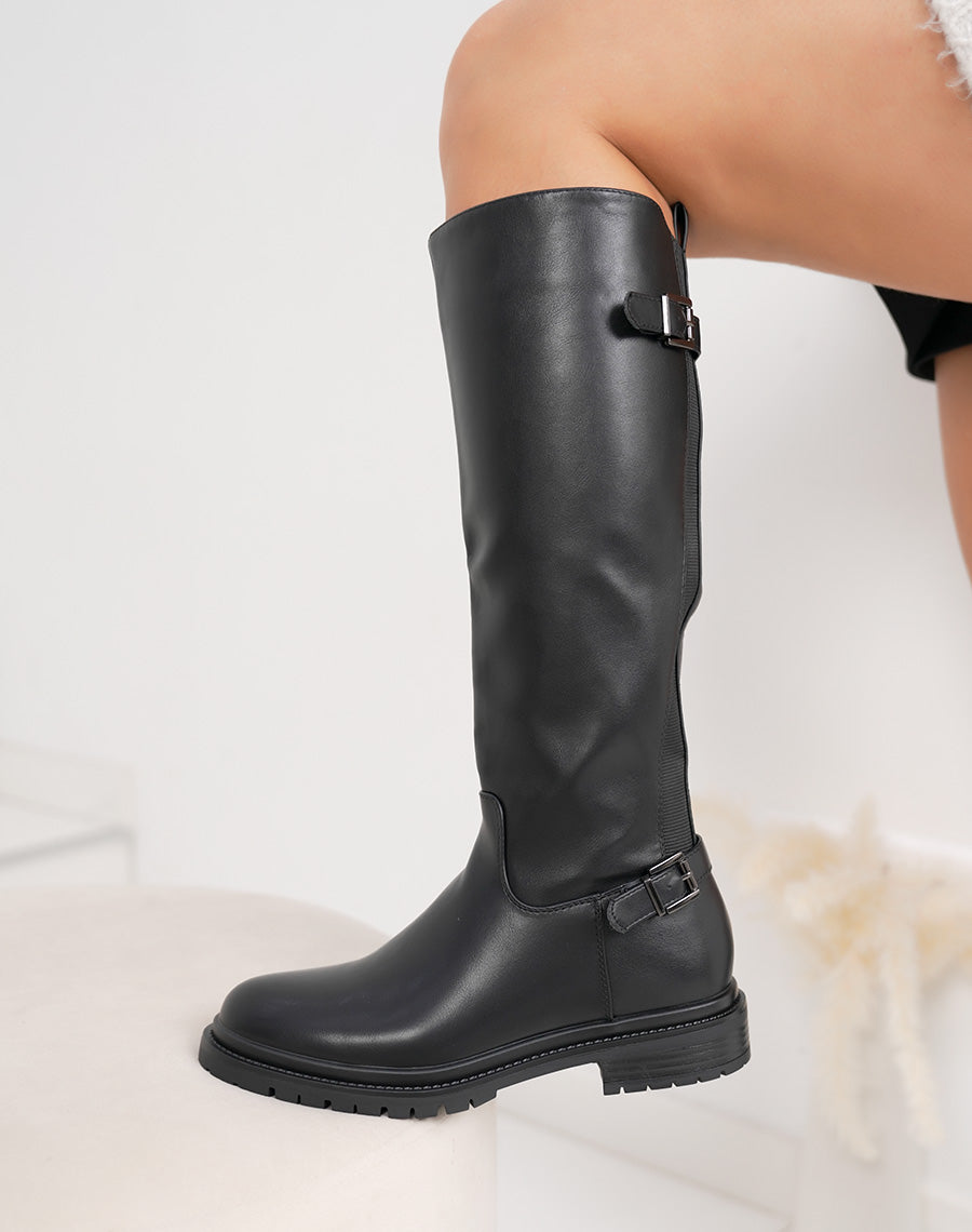 Bottes femme noires à élastique, semelle crantée et sangle décorative