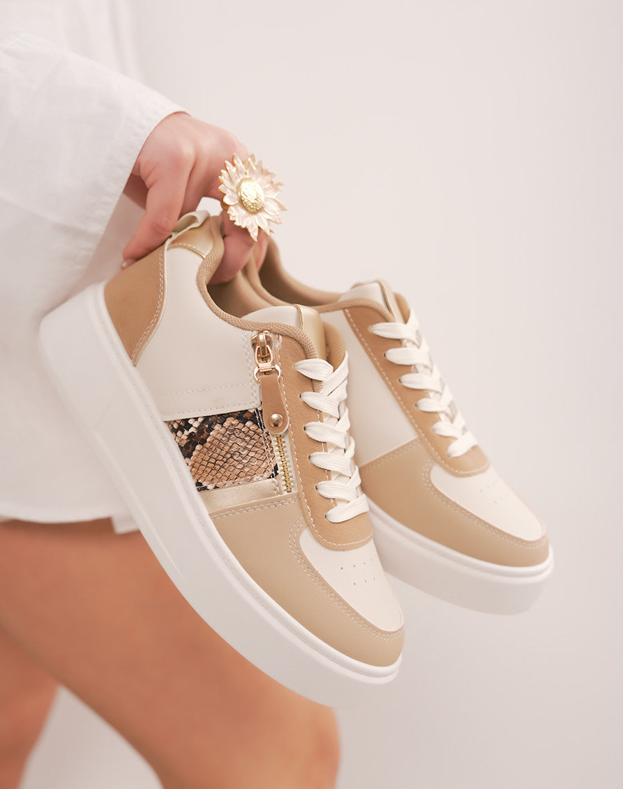 Basket femme beige et taupe avec zip latéral et empiècement effet python tendance