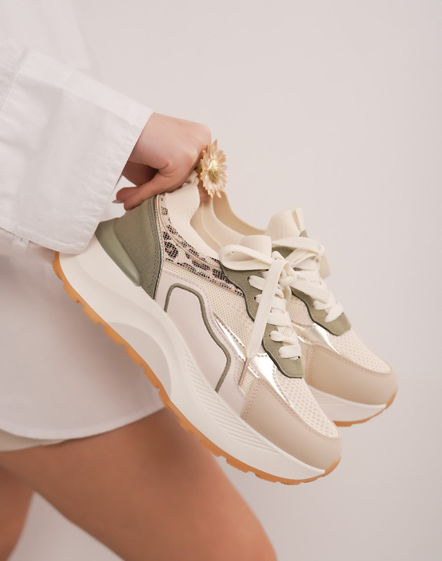 Basket femme beige clair à empiècements kaki et léopard avec grosse plate-forme