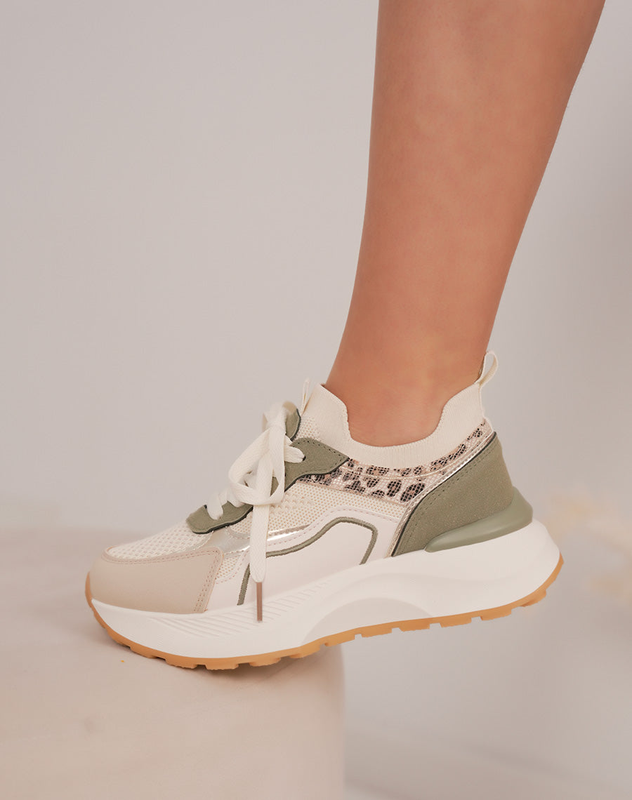 Basket femme beige clair à empiècements kaki et léopard avec grosse plate-forme