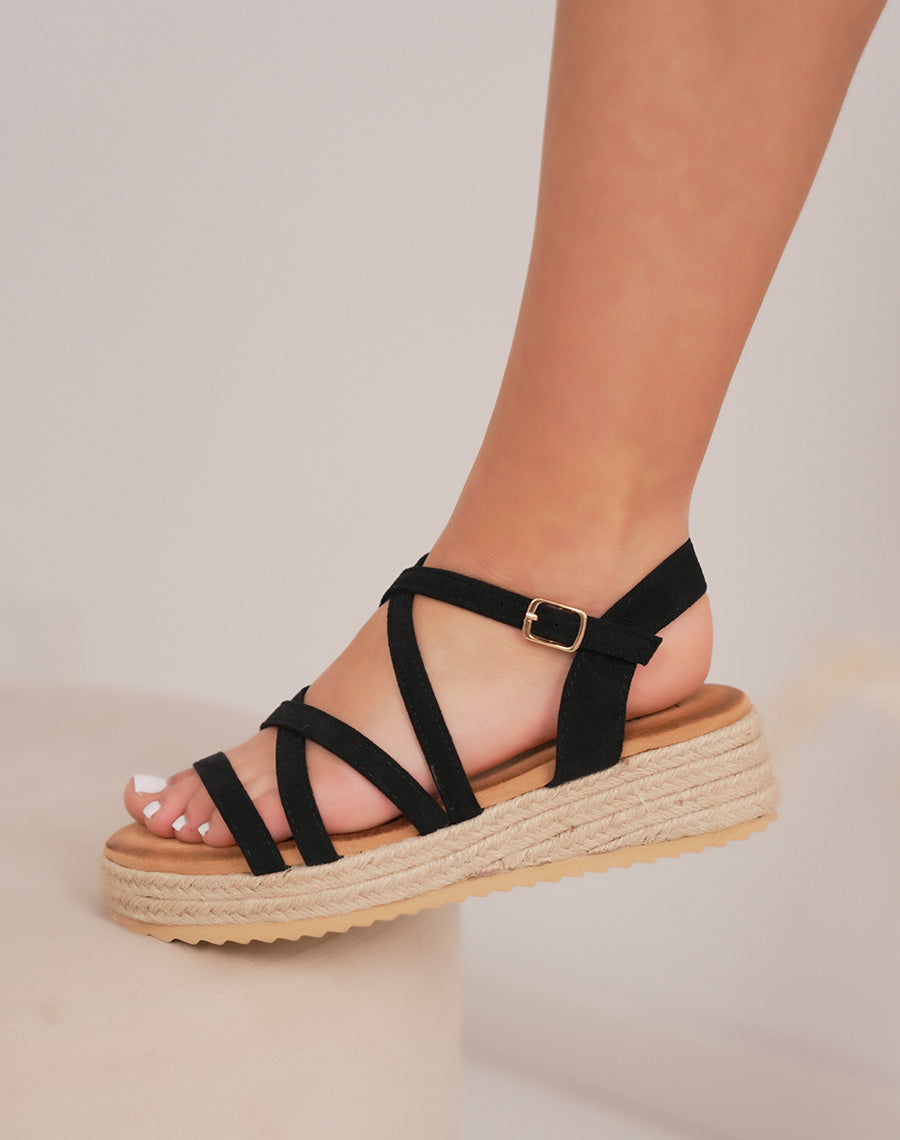 Sandales femme compensées noires à brides croisées et semelle en jute