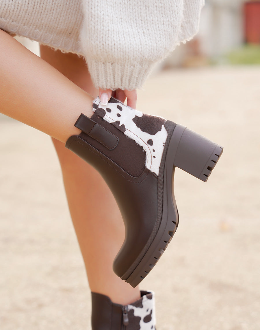 Bottines femme marron élégantes style chelsea à plateforme crantée et détail vachette