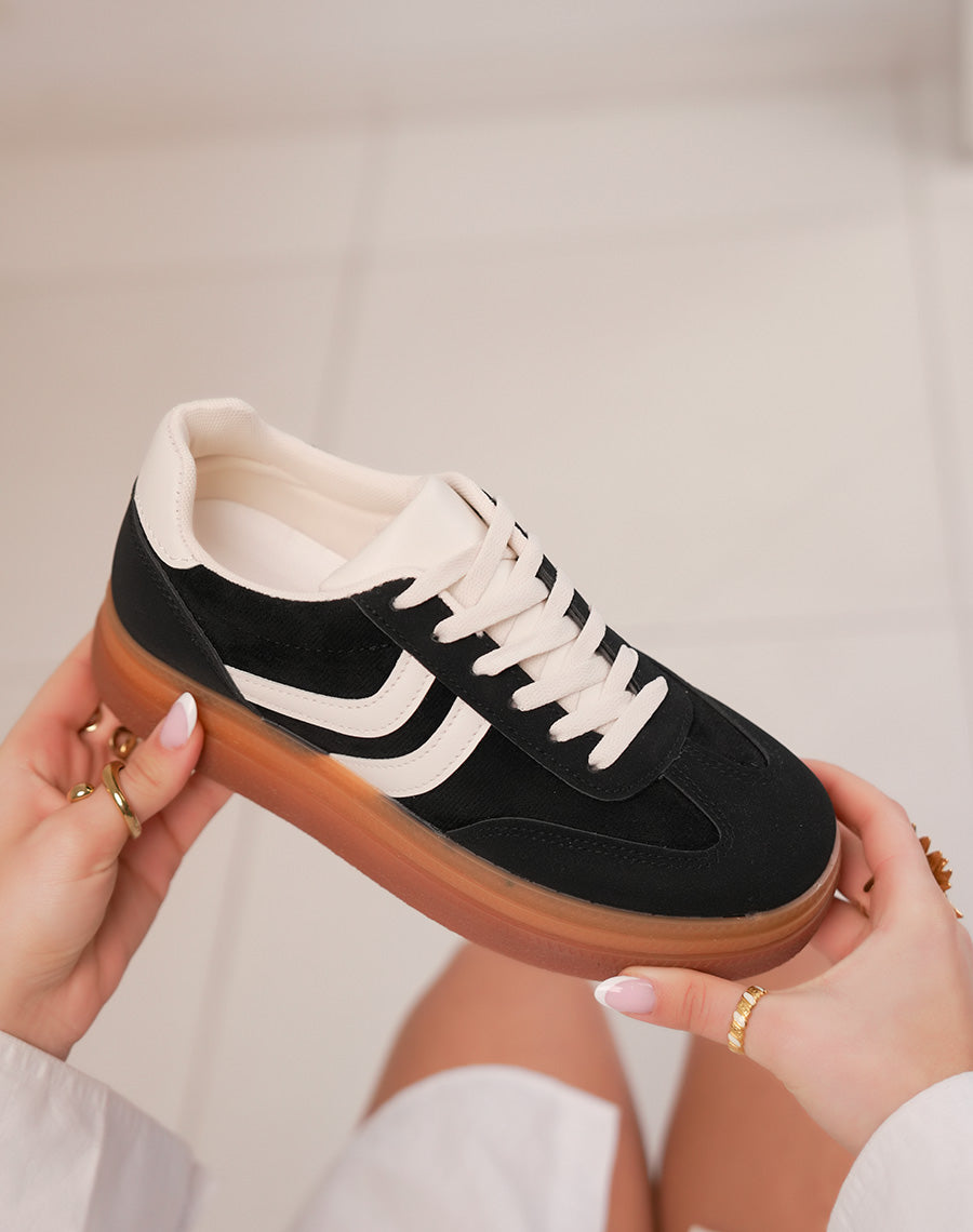 Baskets femme noires en suédine à plateforme écrue tendance et semelle marron