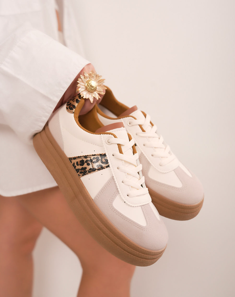 Baskets femme beiges à plateforme camel élégante avec empiècements léopard
