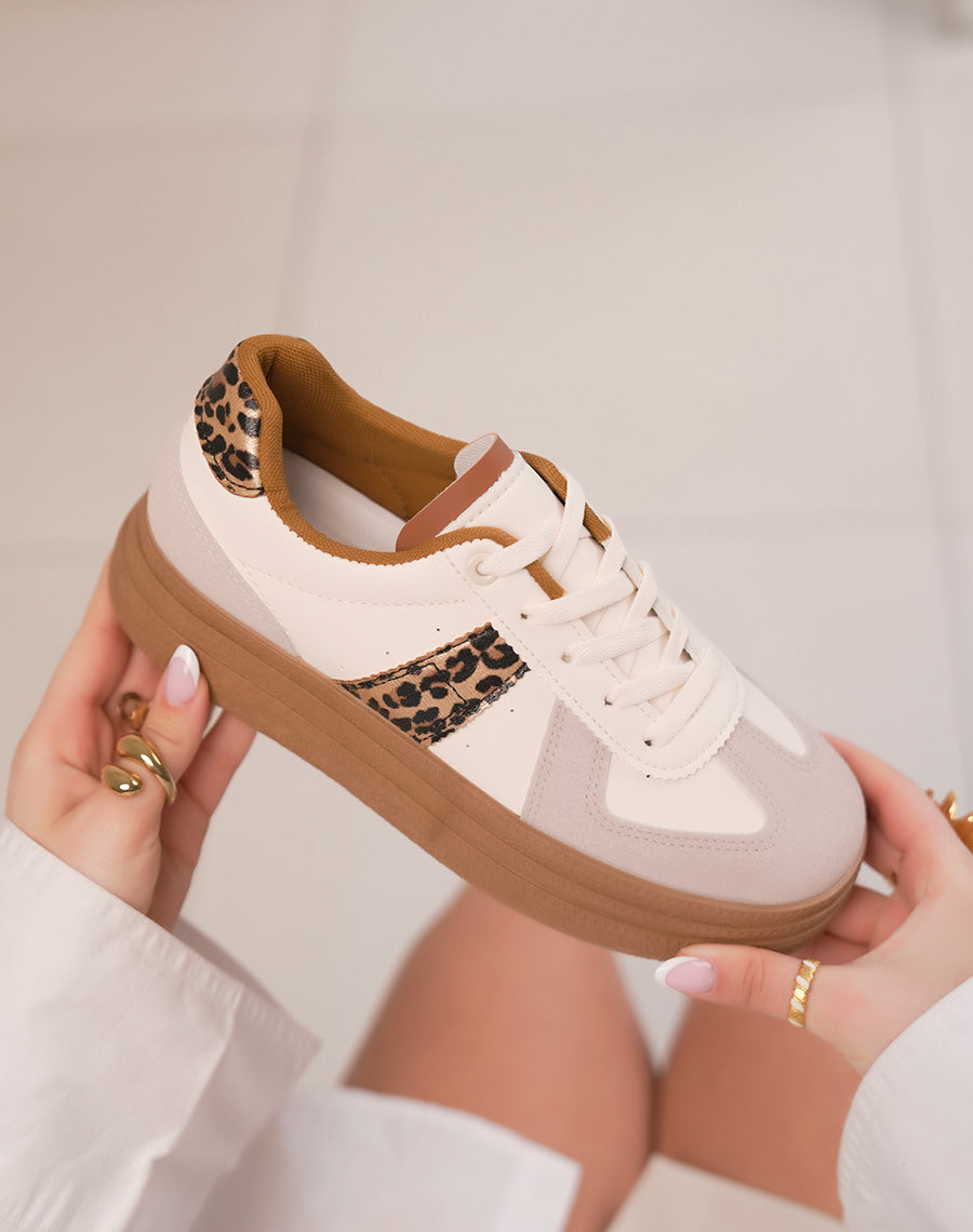 Baskets femme beiges à plateforme camel élégante avec empiècements léopard