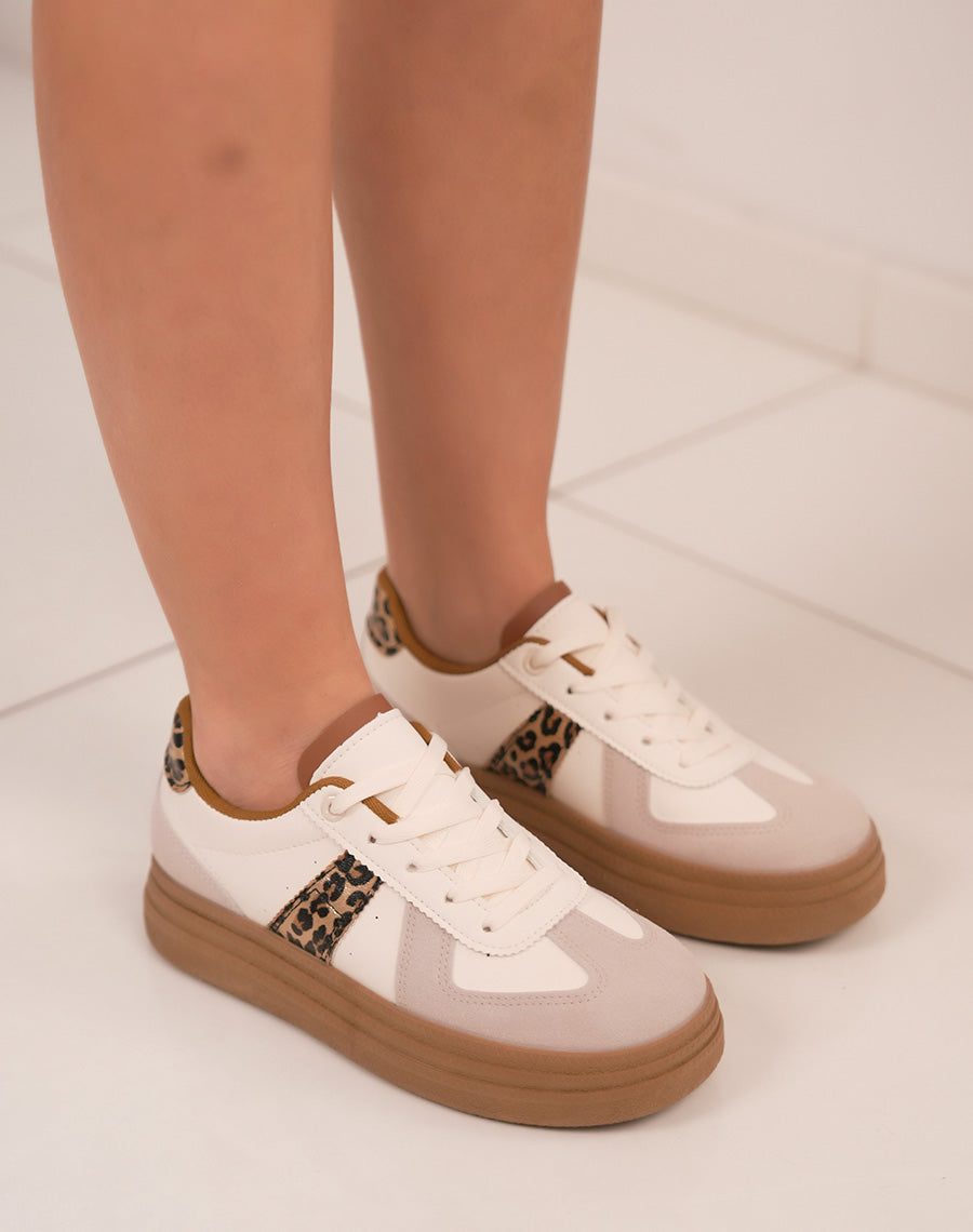 Baskets femme beiges à plateforme camel élégante avec empiècements léopard