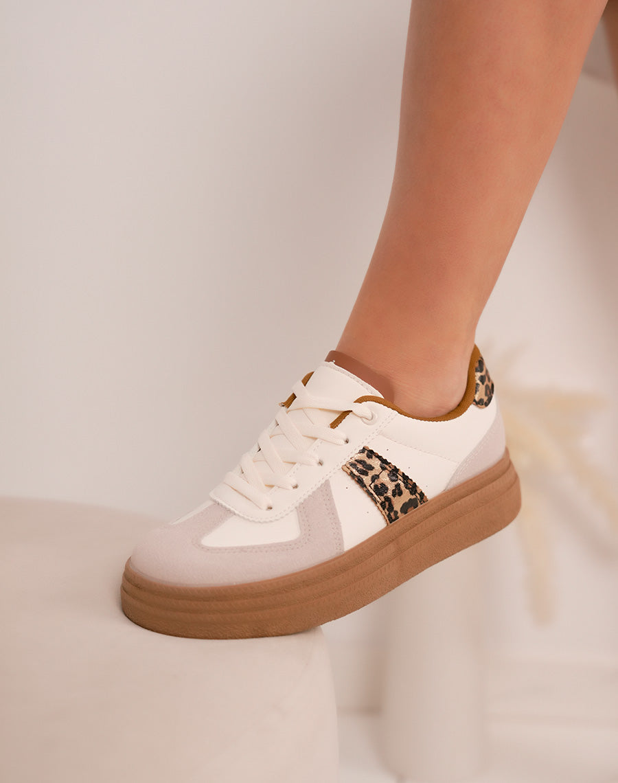 Baskets femme beiges à plateforme camel élégante avec empiècements léopard