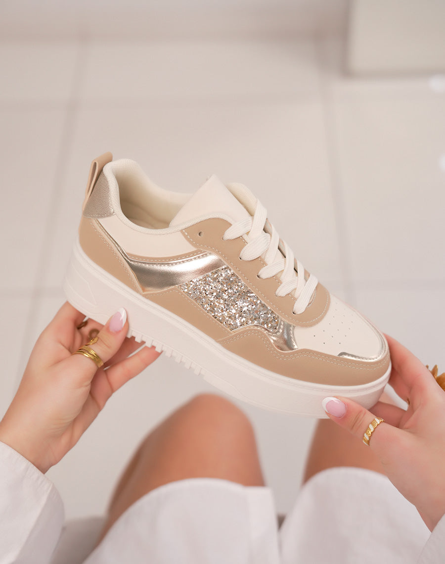 Baskets femme beiges et taupe élégantes avec paillettes dorées et empiècements métallisés