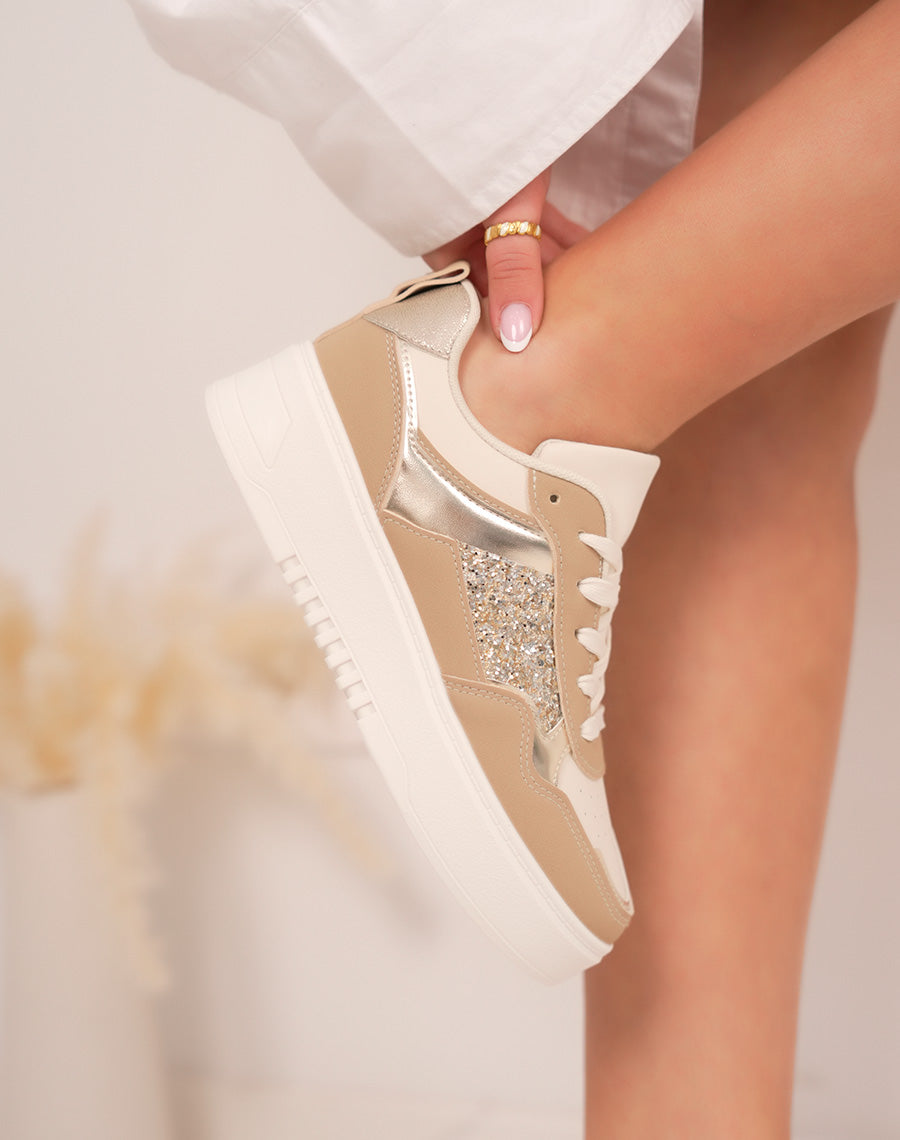 Baskets femme beiges et taupe élégantes avec paillettes dorées et empiècements métallisés