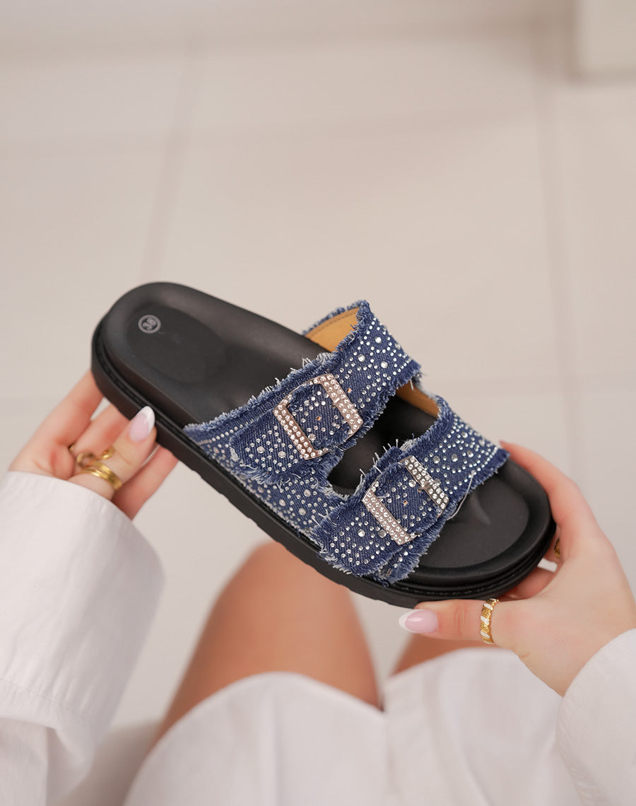 Mules femme en jean bleu foncé tendance avec strass et effet déchiré
