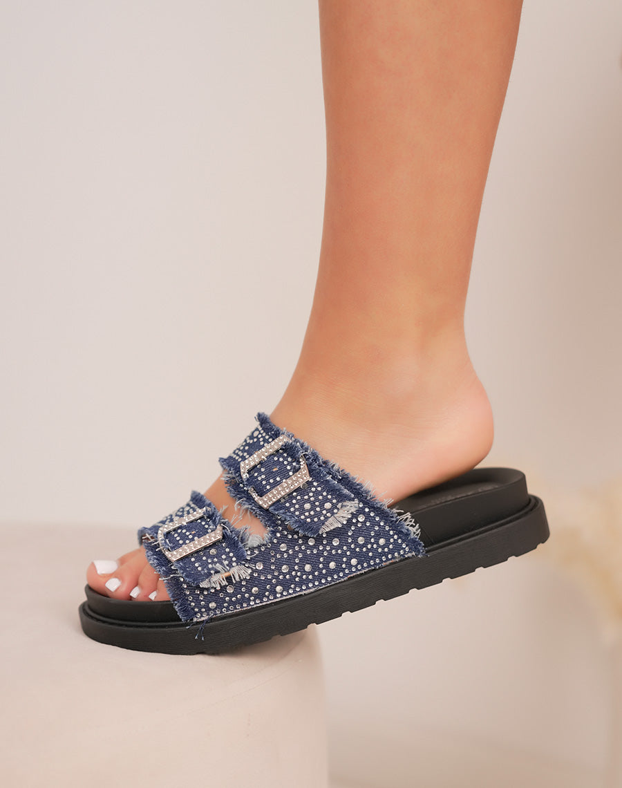 Mules femme en jean bleu foncé tendance avec strass et effet déchiré