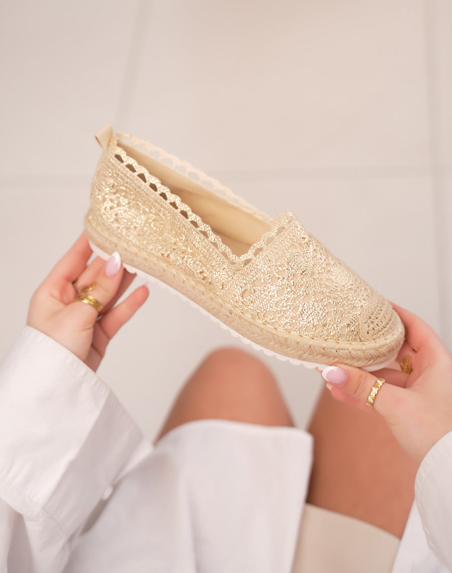 Espadrilles femme dorées chic en dentelle avec semelle en jute naturelle