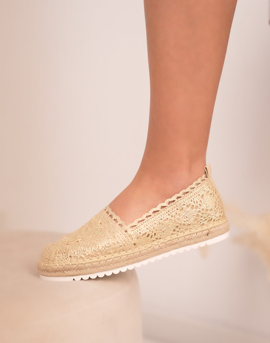 Espadrilles femme dorées chic en dentelle avec semelle en jute naturelle
