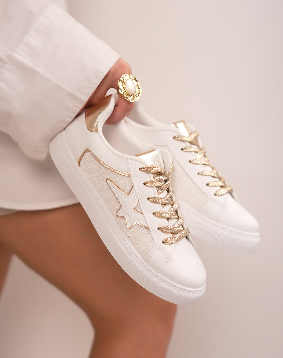 Baskets femme blanches tendance en tweed avec détails dorés et motif étoile
