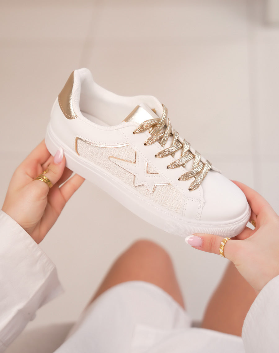 Baskets femme blanches tendance en tweed avec détails dorés et motif étoile