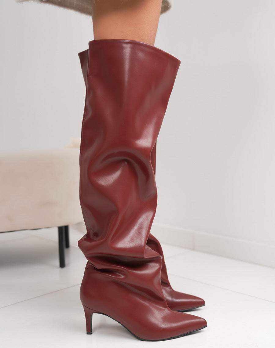 Cuissardes femme bordeaux élégantes à talon aiguille et bout pointu