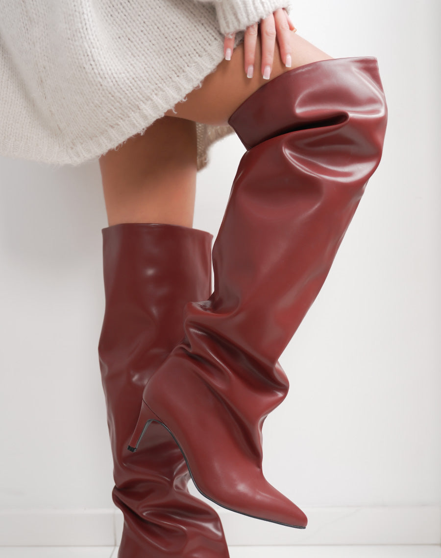 Cuissardes femme bordeaux élégantes à talon aiguille et bout pointu