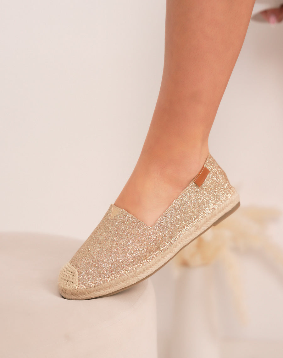 Espadrilles femme dorées pailletées élégantes avec bout tissé et semelle plateforme