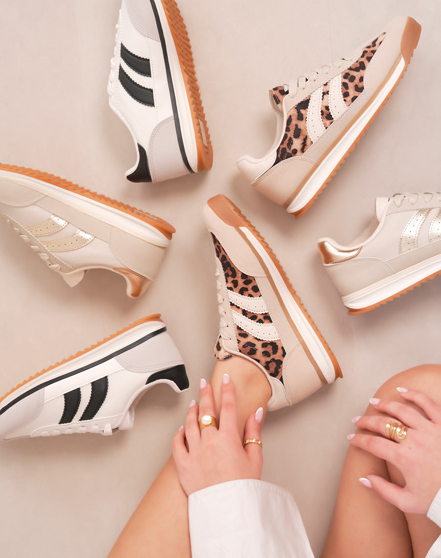Basket femme beige avec empiècements léopard et semelle crantée