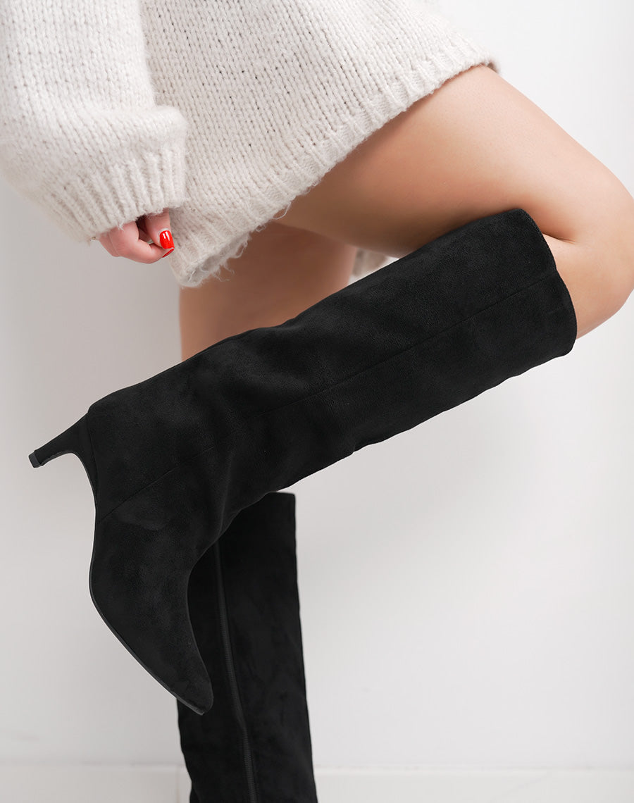 Bottes femme noires élégantes en suédine à petit talon aiguille et intérieur fourré