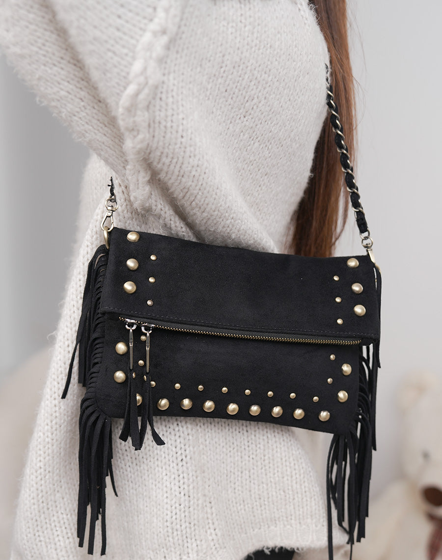 Sac pochette femme noir élégant en suédine avec franges et perles dorées
