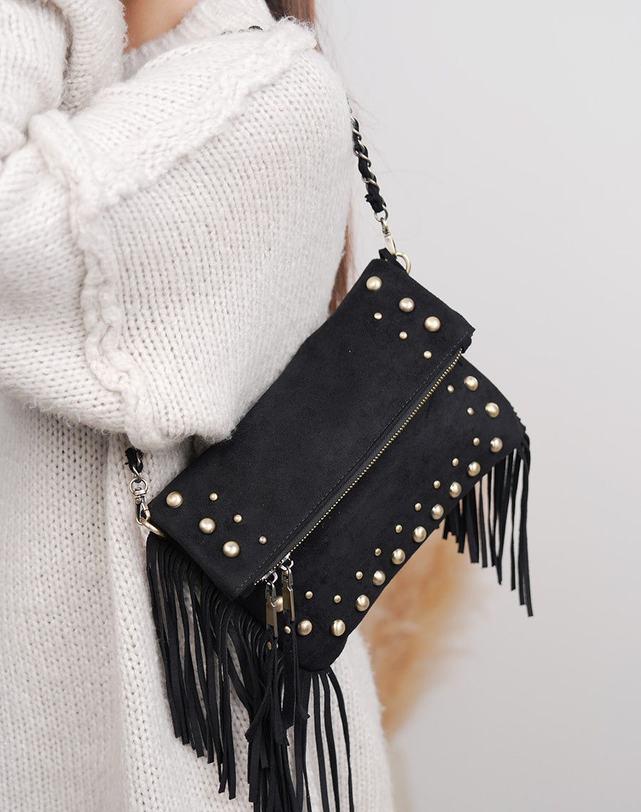 Sac pochette femme noir élégant en suédine avec franges et perles dorées