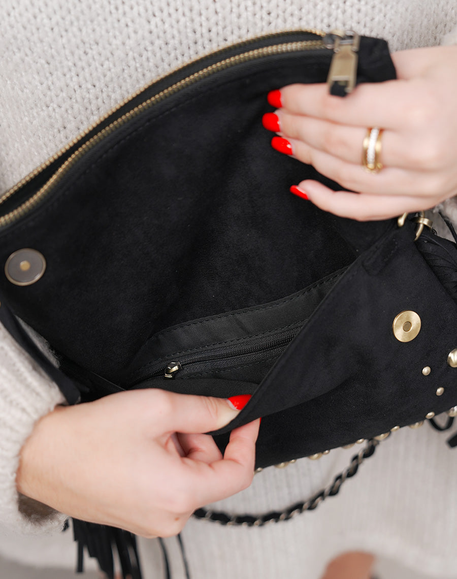 Sac pochette femme noir élégant en suédine avec franges et perles dorées