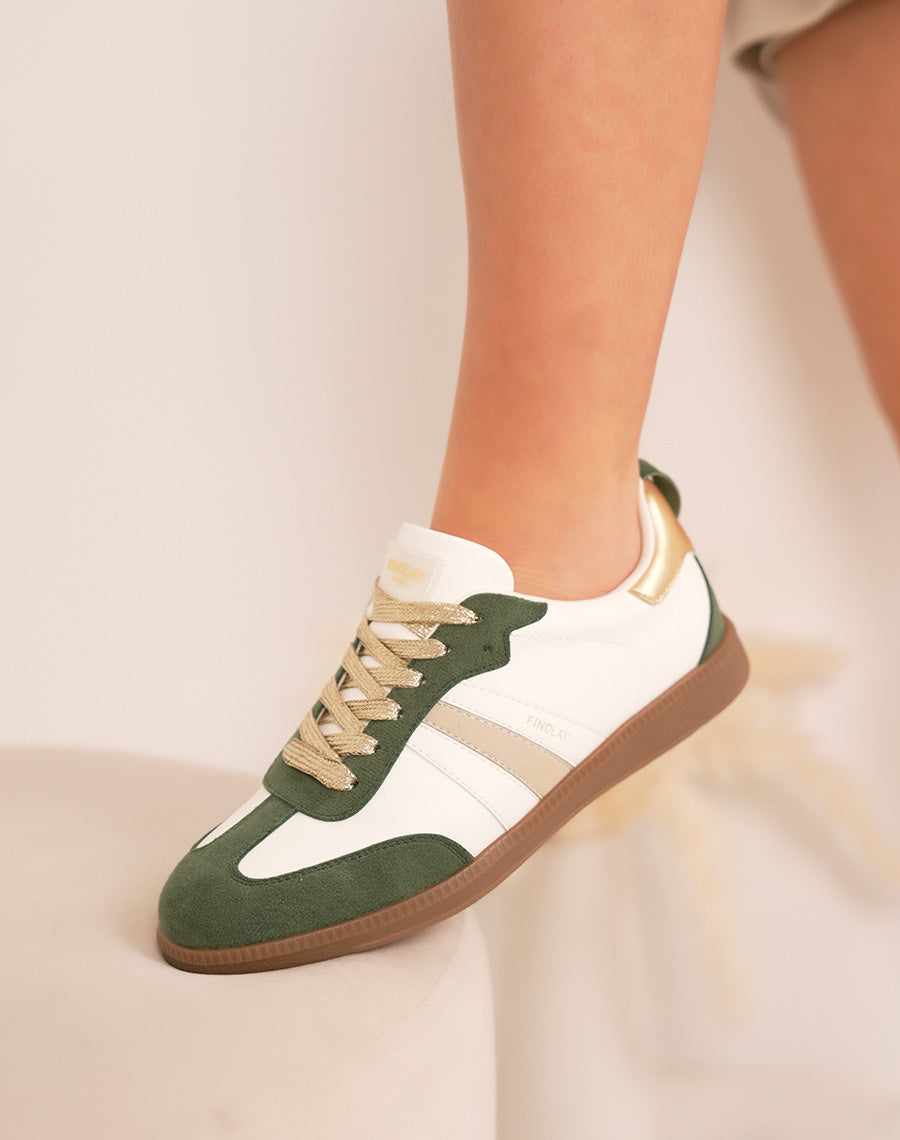 Basket FINDLAY femme blanche à empiècements verts et lacets dorés pailletés