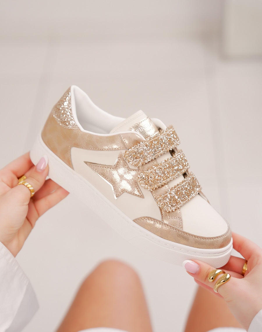 Basket FINDLAY femme beige à scratch pailletés dorés et étoile décorative