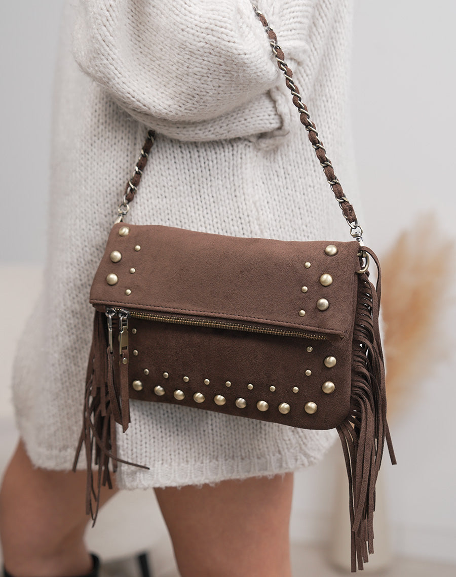 Sac pochette femme marron en suédine élégante avec franges et perles dorées