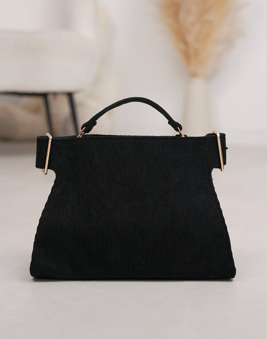 Sac femme noir en suédine côtelée chic avec anses dorées et double bandoulière
