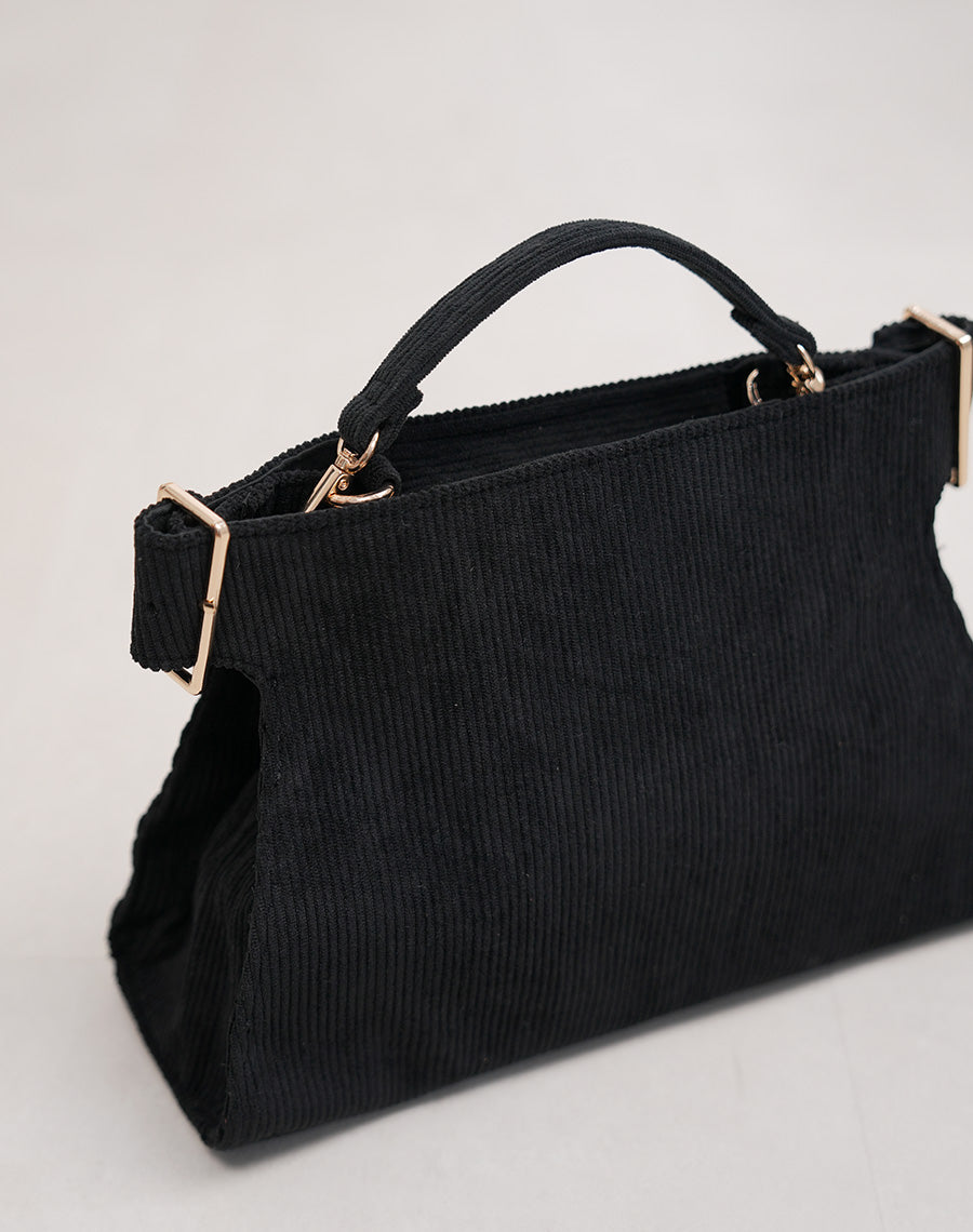 Sac femme noir en suédine côtelée chic avec anses dorées et double bandoulière