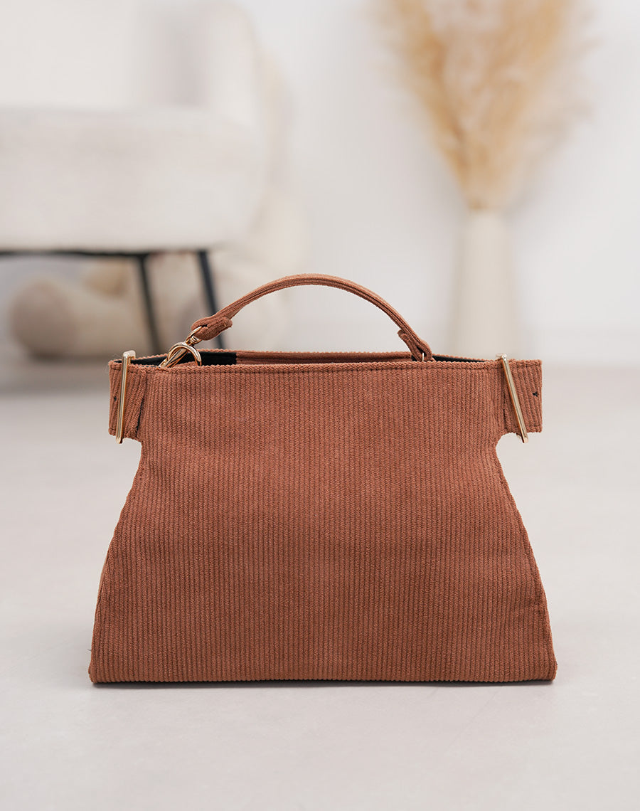 Sac femme camel en suédine côtelée élégante avec anses dorées et double bandoulière