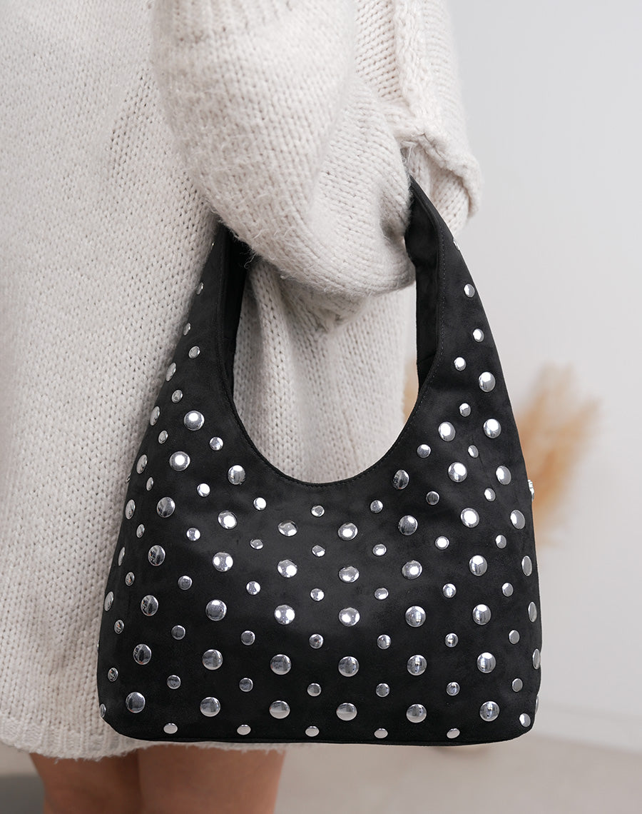 Sac besace femme noir avec clous argentés et double bandoulière tendance rock