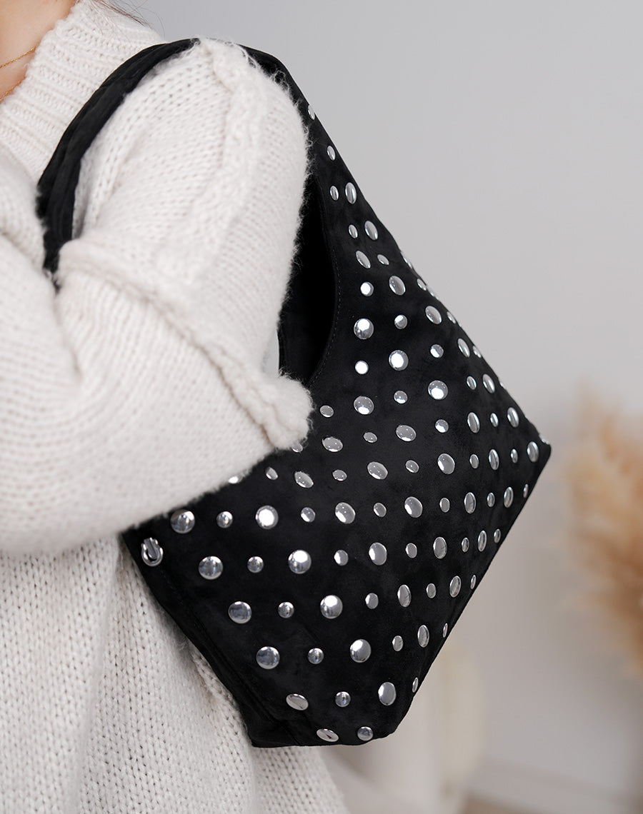 Sac besace femme noir avec clous argentés et double bandoulière tendance rock
