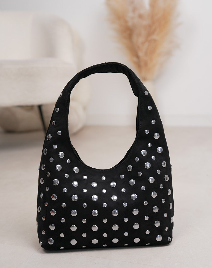 Sac besace femme noir avec clous argentés et double bandoulière tendance rock