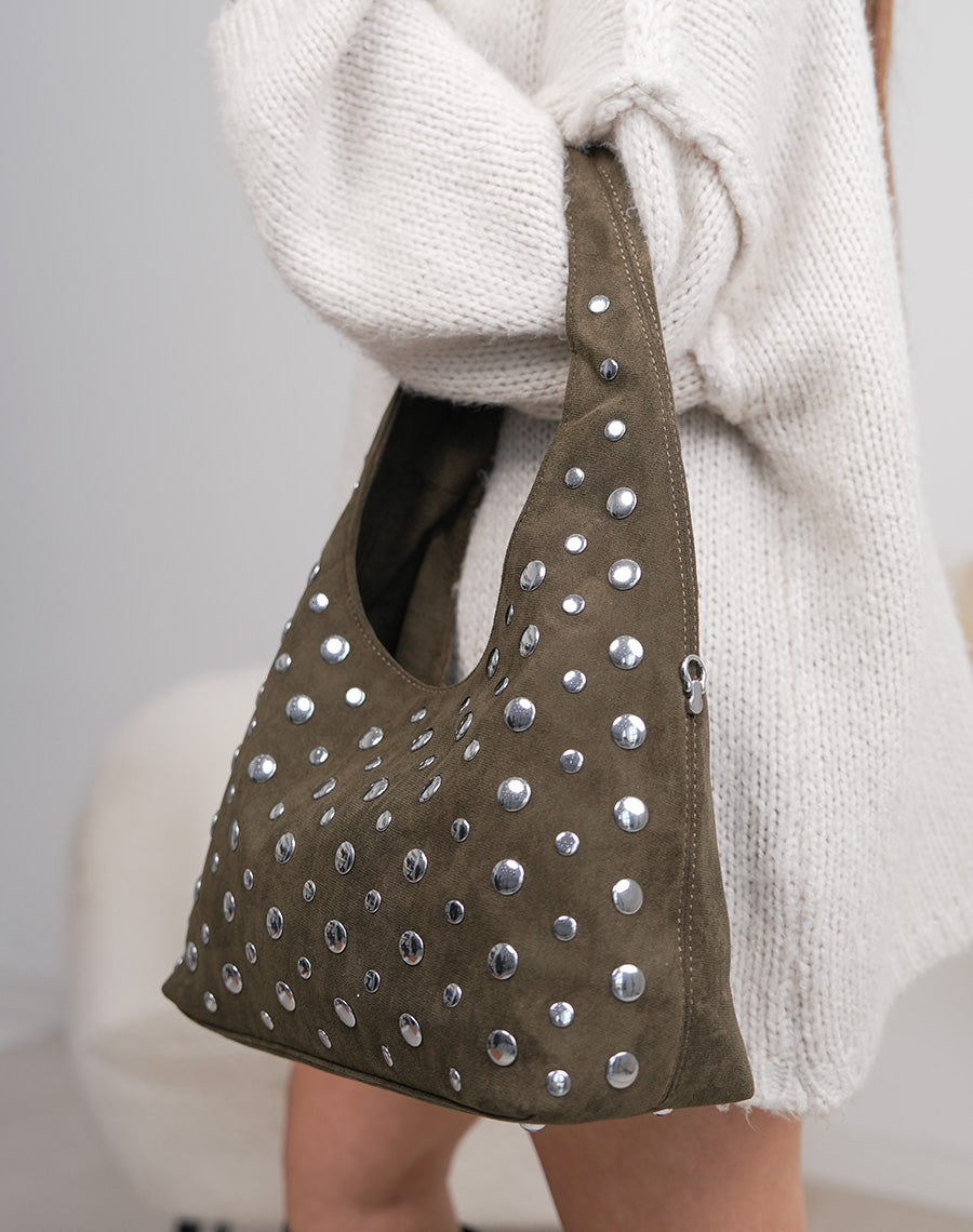 Sac besace femme kaki en suédine avec clous argentés et double bandoulière stylée
