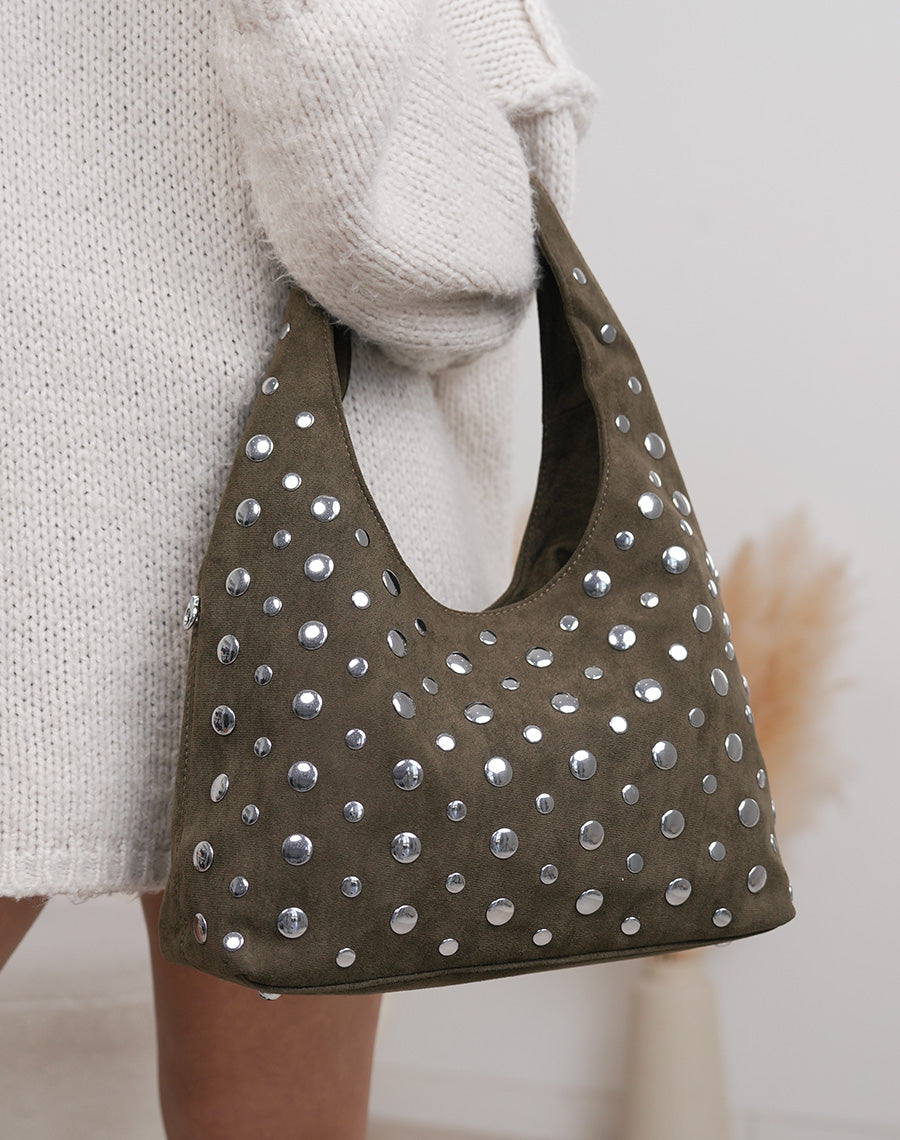 Sac besace femme kaki en suédine avec clous argentés et double bandoulière stylée