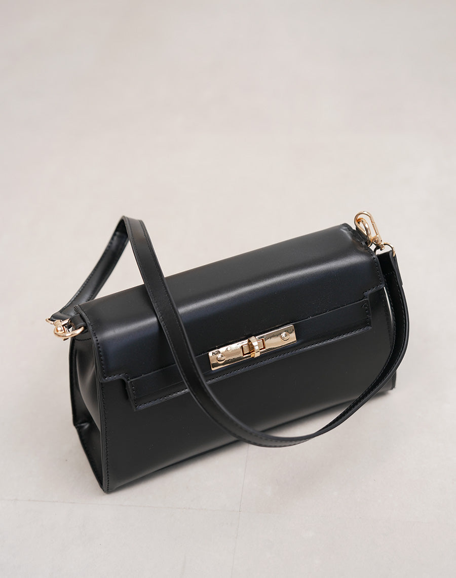 Sac pochette femme noir en similicuir élégant avec fermoir doré tourniquet